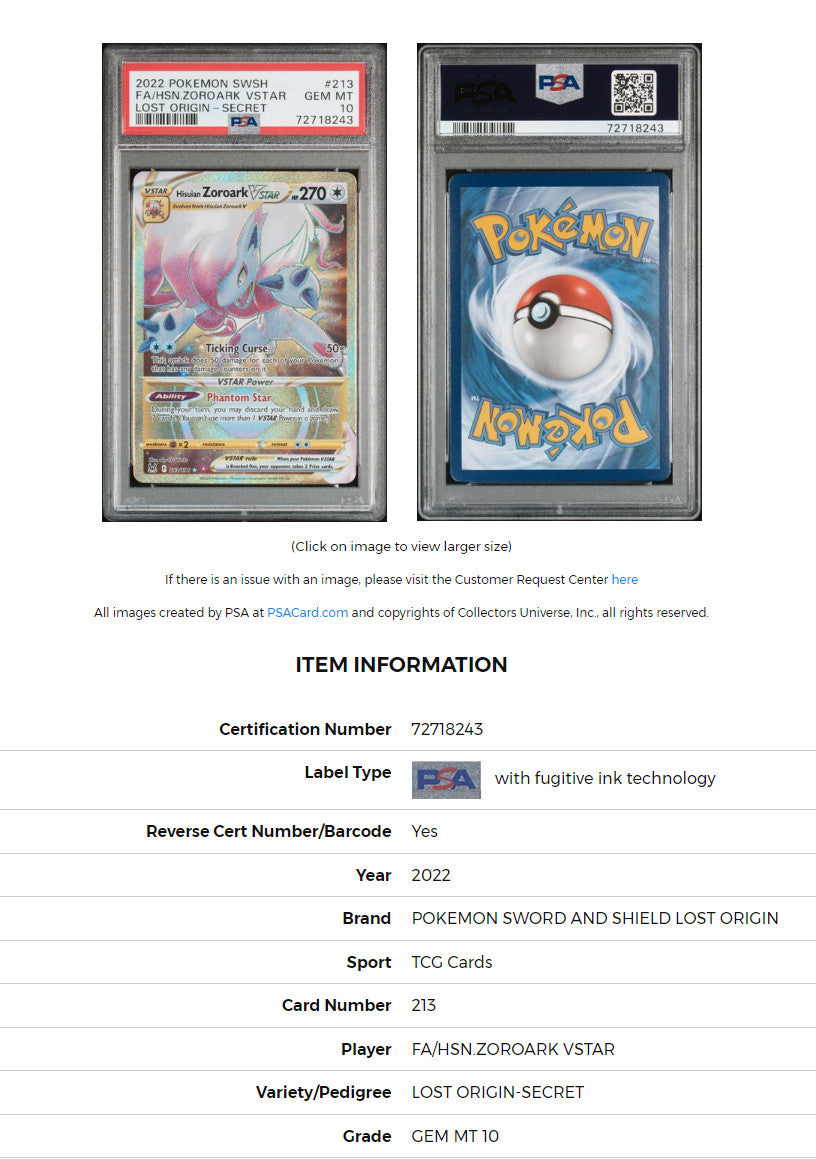 PSA COA: 2022 Pokemon LOR SR Hisuian Zoroark VSTAR 213/196 PSA 10 at Pokecops.com