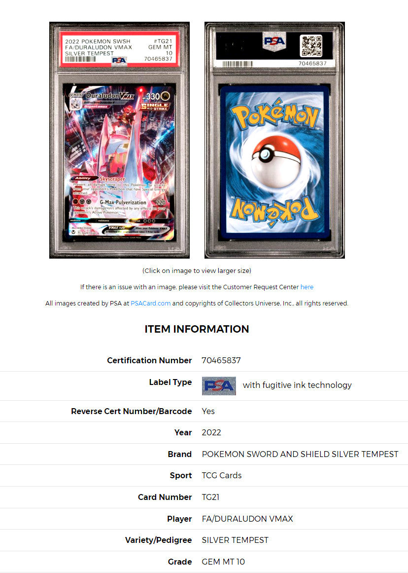PSA COA: "2022 Pokemon Silver Tempest Duraludon VMAX TG21/TG30 PSA 10 at Pokecops.com