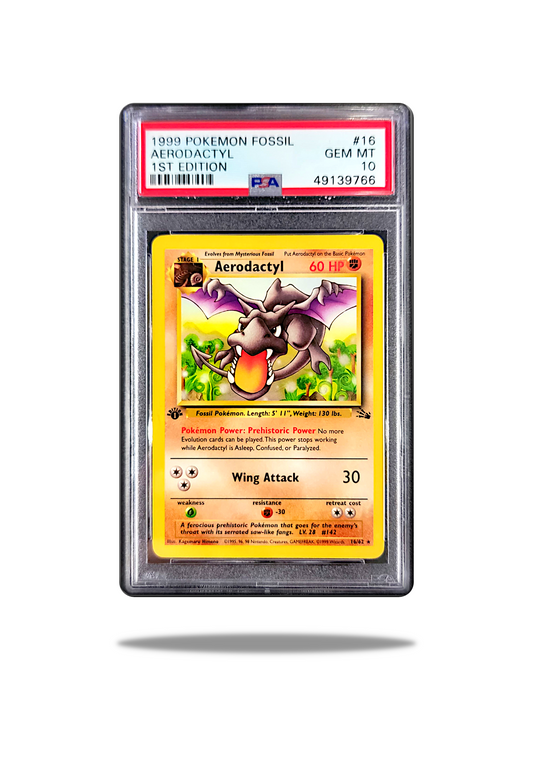 Front of the 1999 1st Edition non-holo Aerodactyl card (Card Number: 16/62) from the Fossil set, graded PSA 10 Pokemon Card