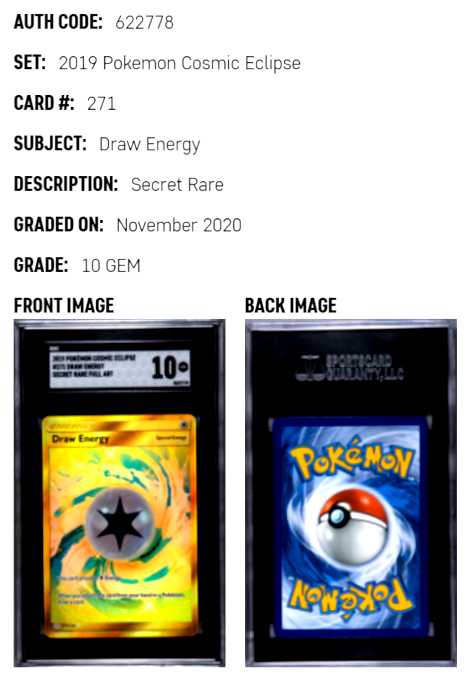 SGC COA: 1/1 SGC 10 Graded 2019 Cosmic Eclipse Draw Energy Pokemon Card at Pokecops.com