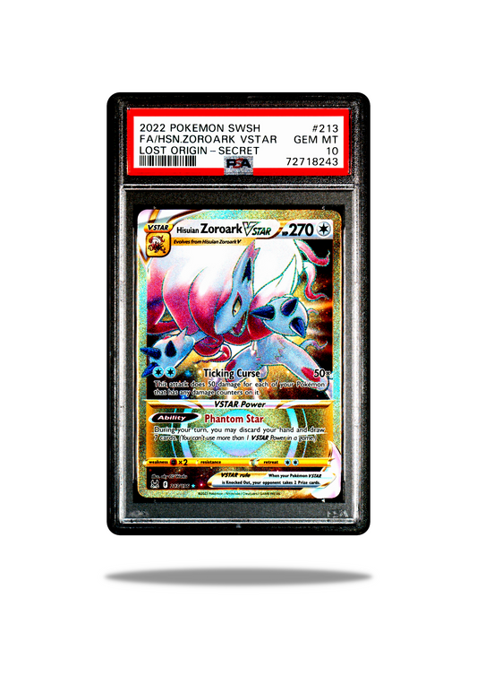 Front of: 2022 Pokemon LOR SR Hisuian Zoroark VSTAR 213/196 PSA 10 at Pokecops.com