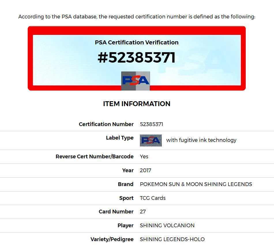 PSA Certification: Shining Volcanion 27/73 Pokémon Card: Aquatic Power Unleashed - 2017 Shining Legends - PSA 9"