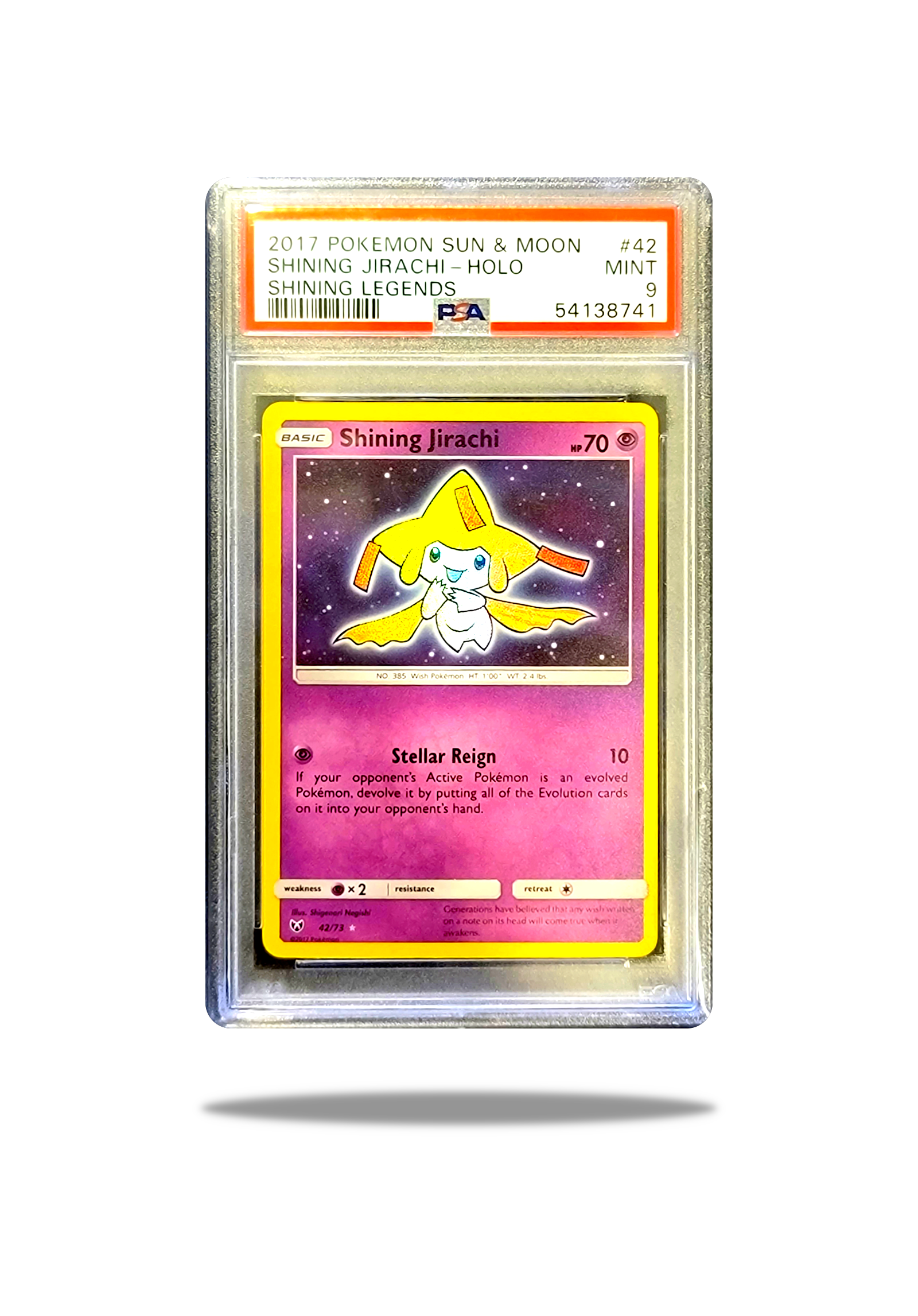 Front of: Shining Jirachi 42/73 Pokémon Card: Wish-Granting Celestial Wonder - 2017 Shining Legends - PSA 9