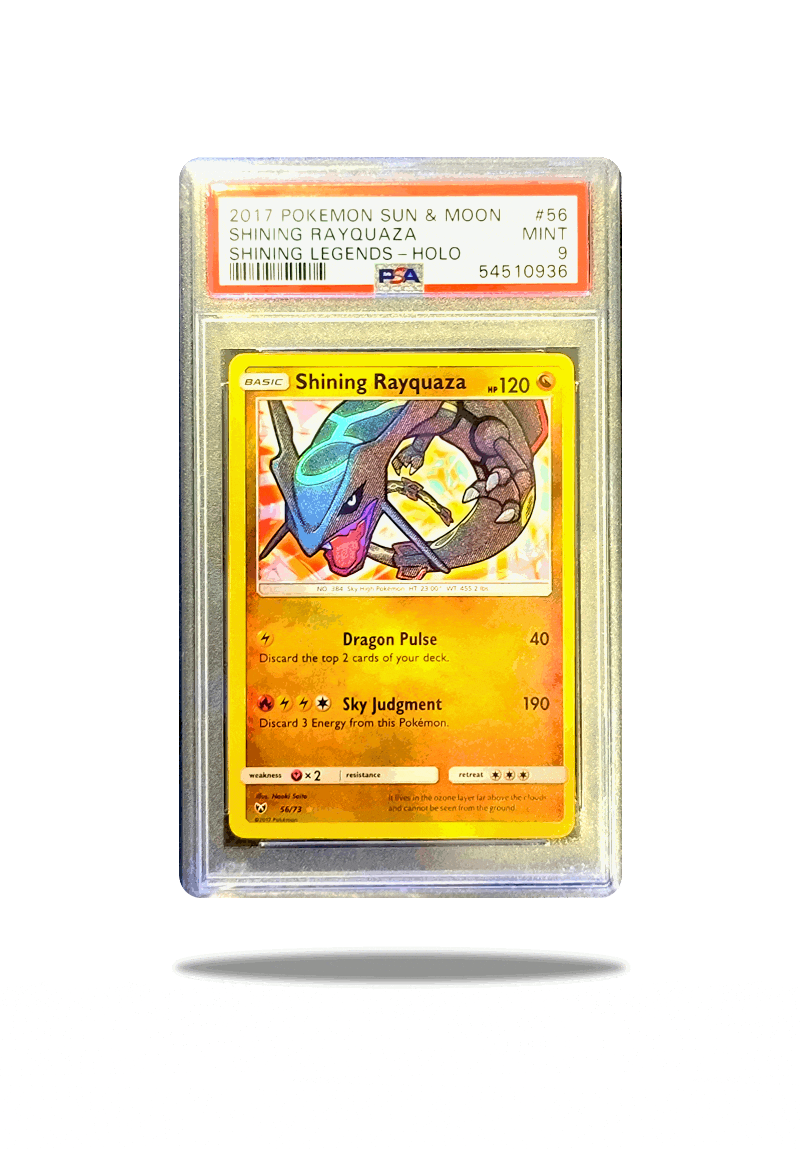 Front of: Shining Rayquaza 56/73 Pokémon Card: A Radiant Force of Legendary Power - 2017 Shining Legends - PSA 9