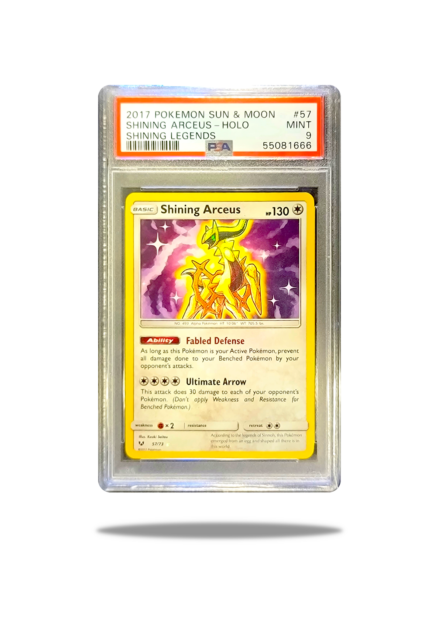 Front Of: Shining Arceus 57/73 Pokémon Card: Divine Radiance Unleashed - 2017 Shining Legends - PSA 9
