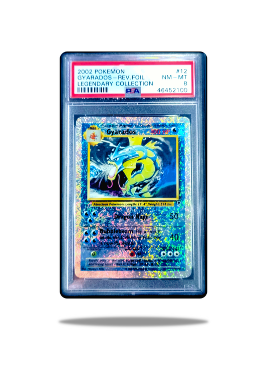 Front of the 2002 Gyarados card (Card Number: 6/102) from the Legendary Collection, graded PSA 8