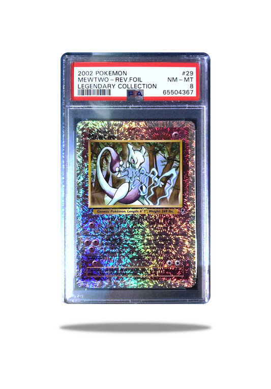 Front of the 2002 Mewtwo card (Card Number: 10/102) from the Legendary Collection, graded PSA 8
