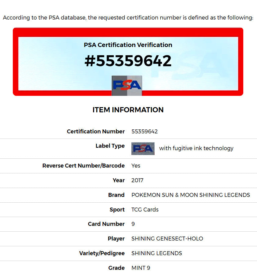 PSA Certification: Shining Genesect 9/73 Pokémon Card: Technological Brilliance - 2017 Shining Legends - PSA 9