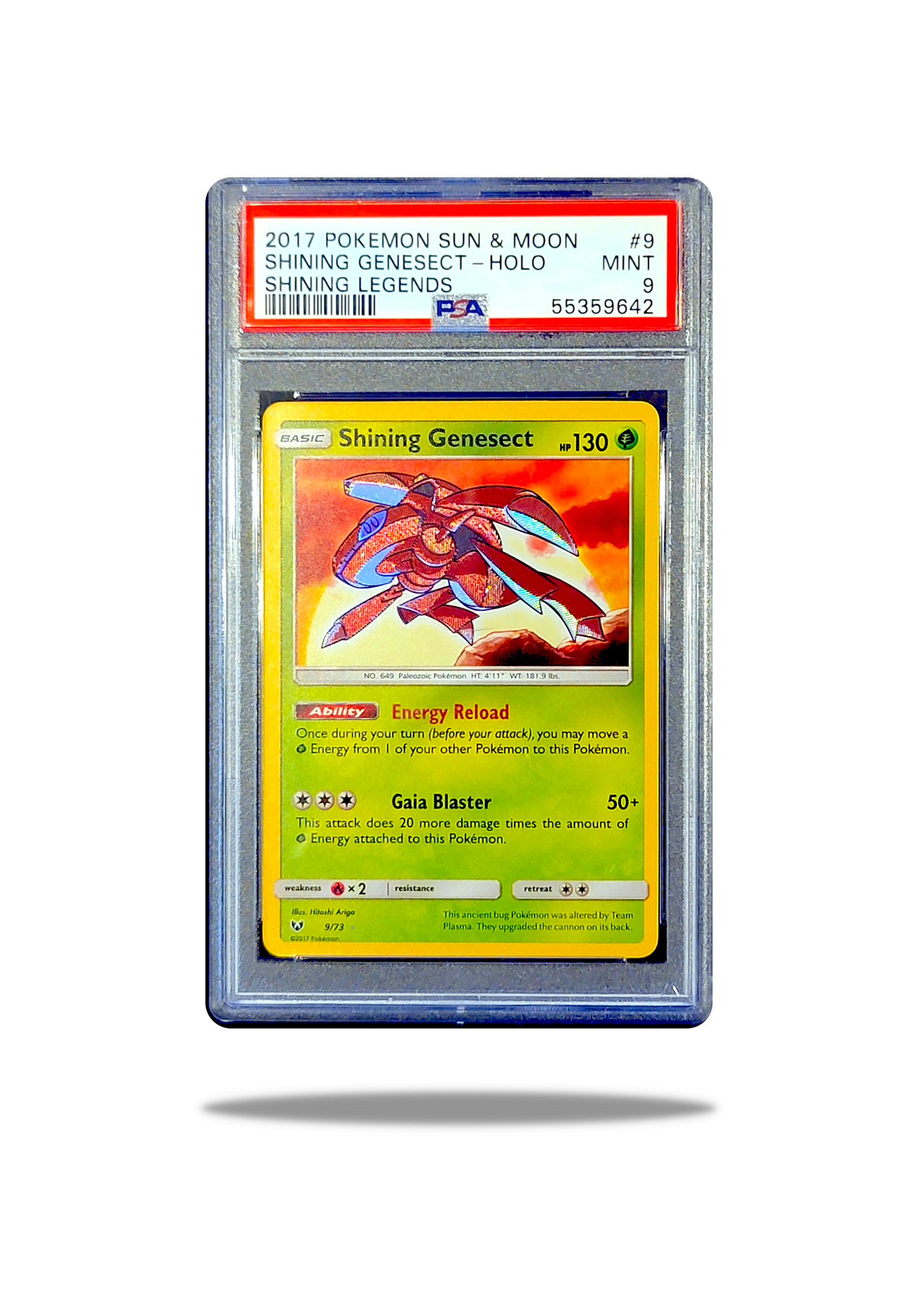 Front of: Shining Genesect 9/73 Pokémon Card: Technological Brilliance - 2017 Shining Legends - PSA 9