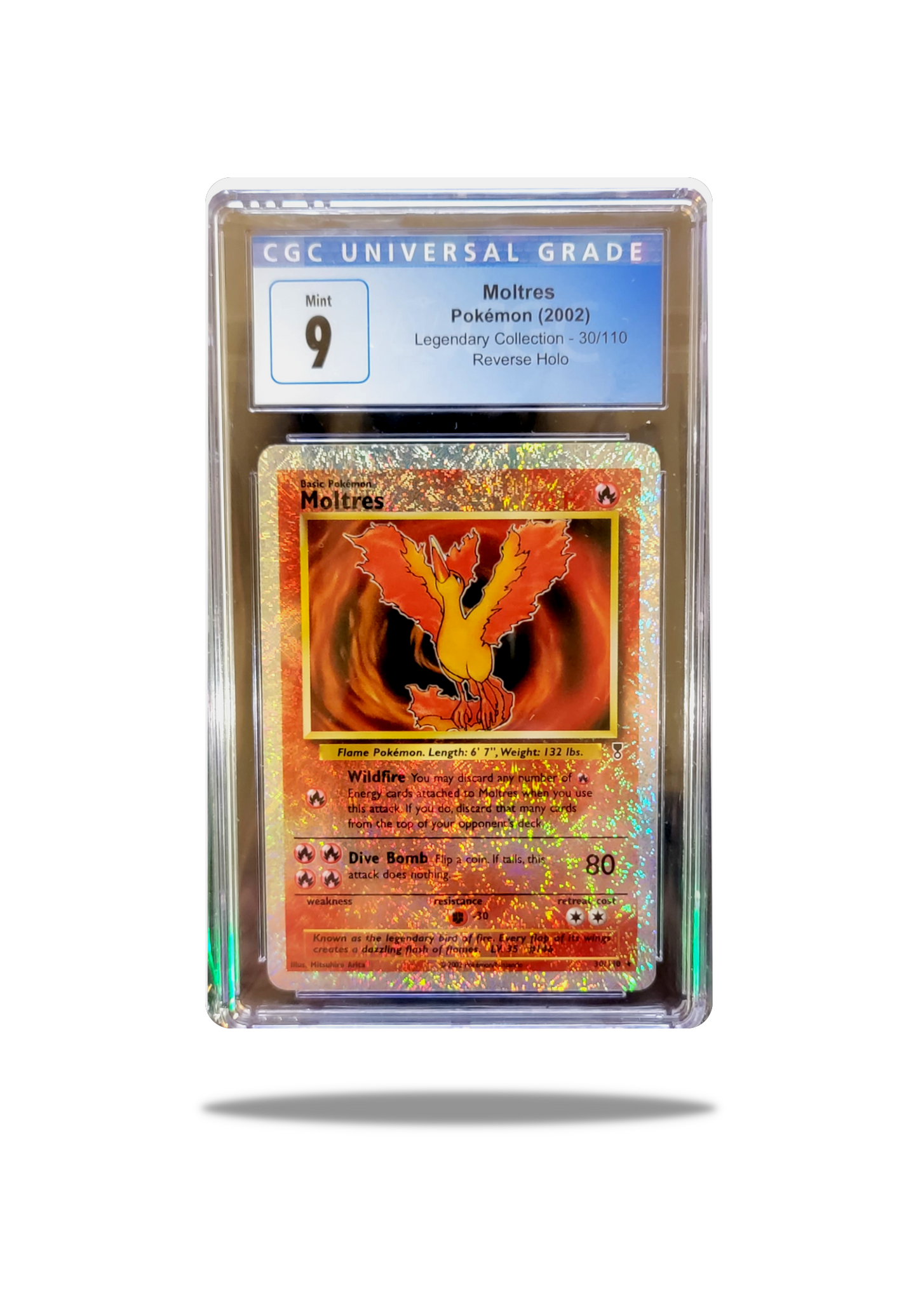 Front of the Moltres card (Card Number: 19/110) from the Legendary bird lot/collection, graded CGC 9
