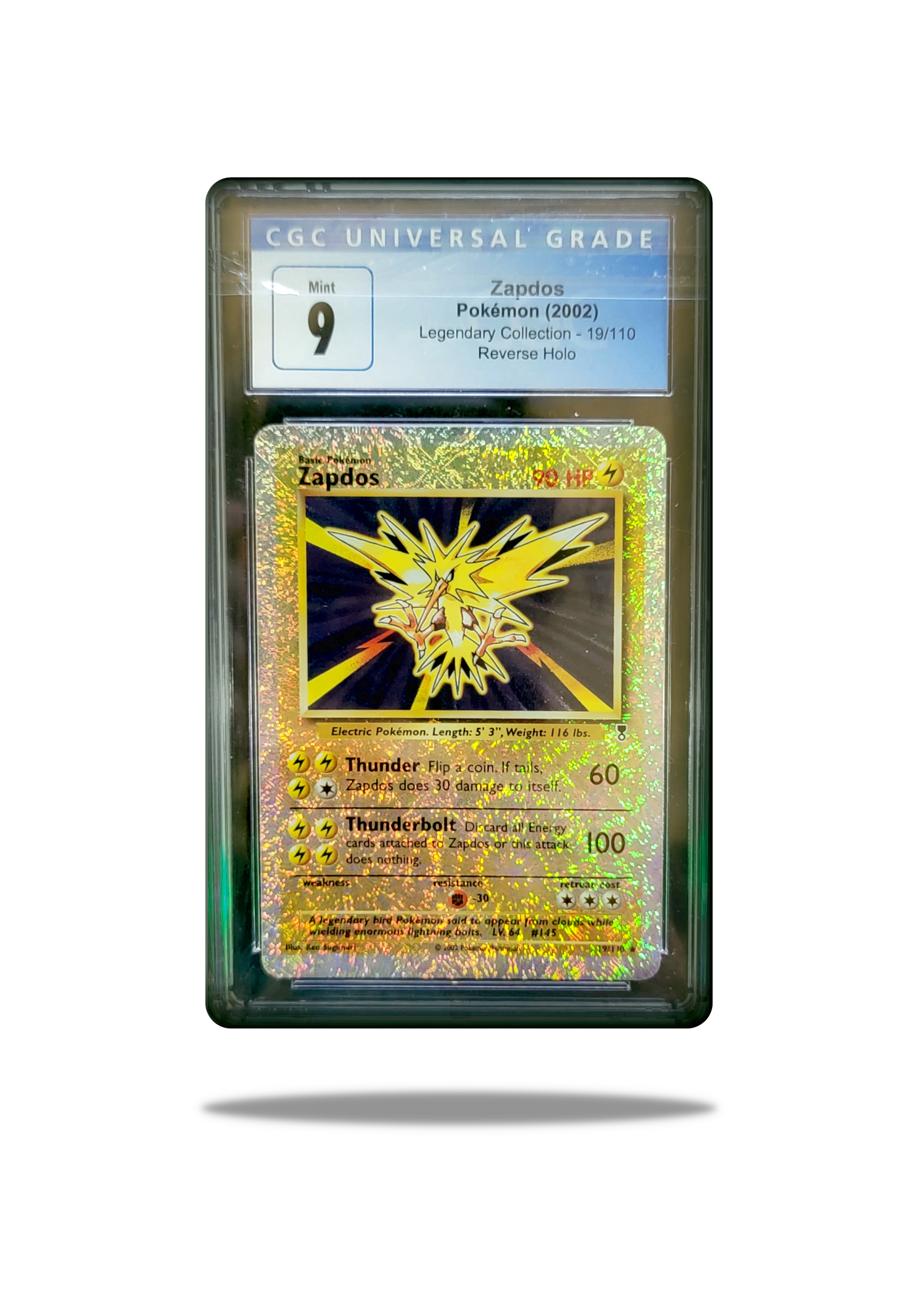 Front of the Zapdos card (Card Number: 2/110) from the Legendary bird lot/collection, graded CGC 9