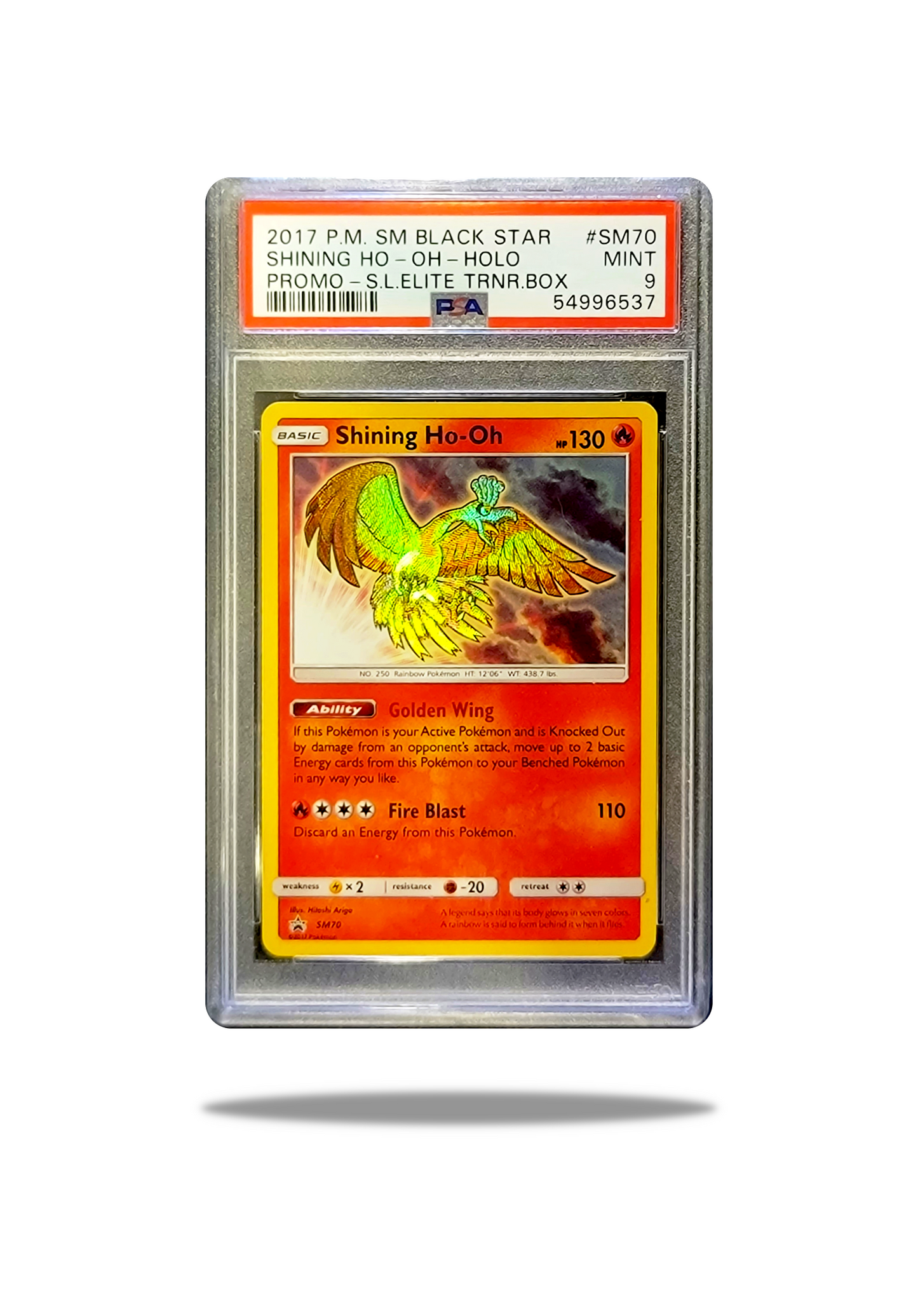 Front of: Shining Ho-Oh SM70 Pokémon Card: Radiant Guardian of the Skies - 2017 Shining Legends - PSA 9