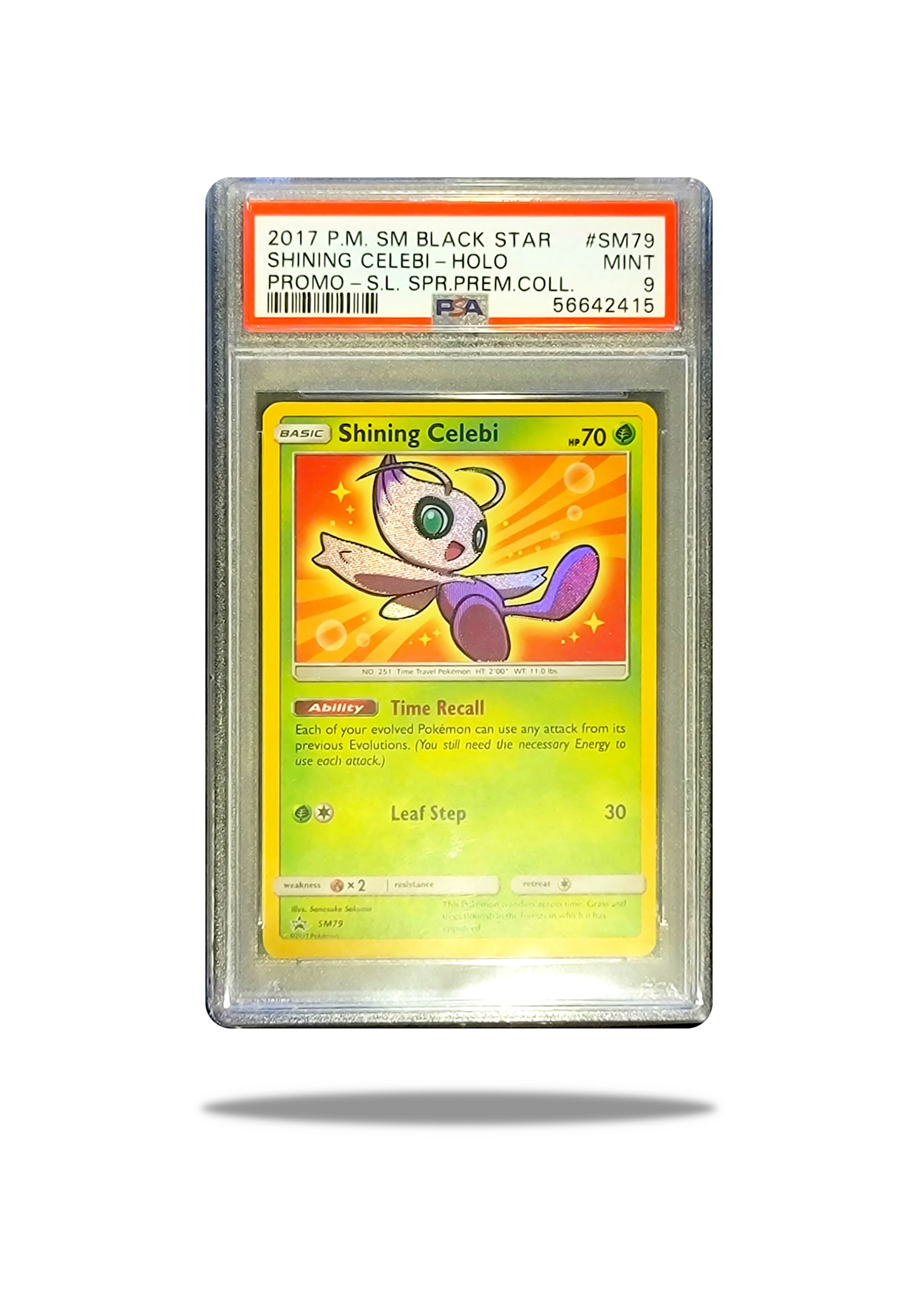 Front of: Shining Celebi SM79 Pokémon Card: Timeless Forest Guardian - 2017 Shining Legends - PSA 9