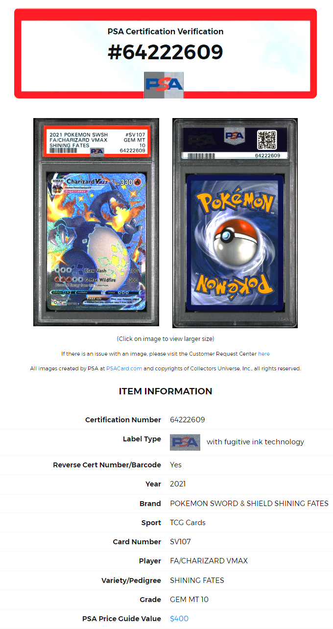 2021 Pokemon Shining Fates Charizard VMAX SV107/SV122 PSA 10