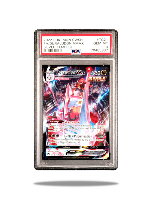 Front of: "2022 Pokemon Silver Tempest Duraludon VMAX TG21/TG30 PSA 10 at Pokecops.com"