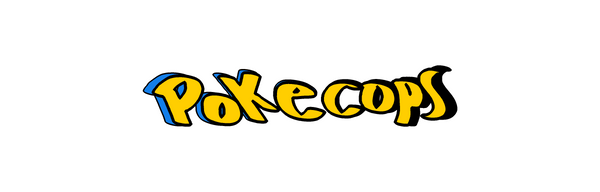 PokeCops logo featuring: handwritten yellow text and light blue accents, spelling 'pokecops' in front