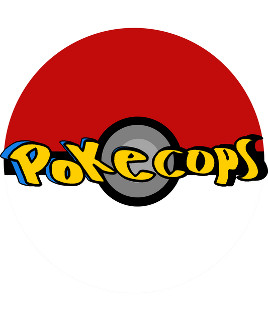 PokeCops logo featuring a Pokeball with handwritten yellow text and light blue accents, spelling 'pokecops' in front